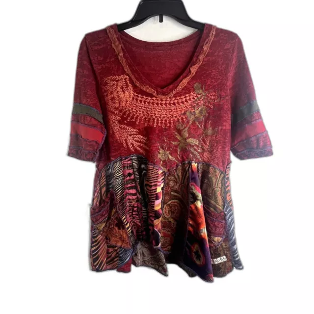 Aura Gaia Upcycled Patchwork Short Sleeve Vneck Top Size Medium