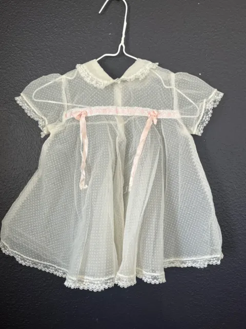 Vintage 50s Toddler Girls Party Dress Sheer Off White Flocked Pink Ribbon Bows
