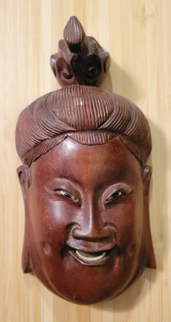 Hand-Carved Chinese Small Wooden Mask  6" tall w/ Bun