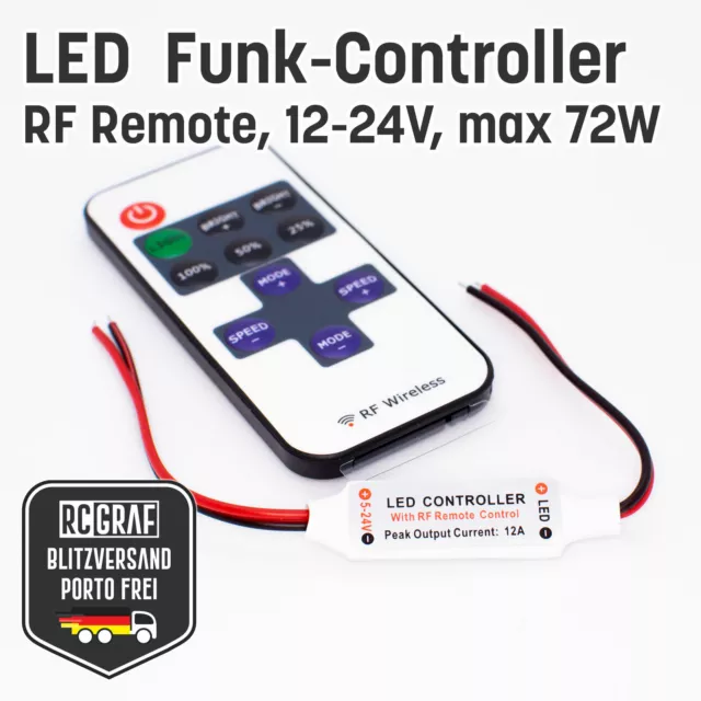 Mini LED Funk-Controller Dimmer Schalter mit Fernbedienung 12-24V max 72W