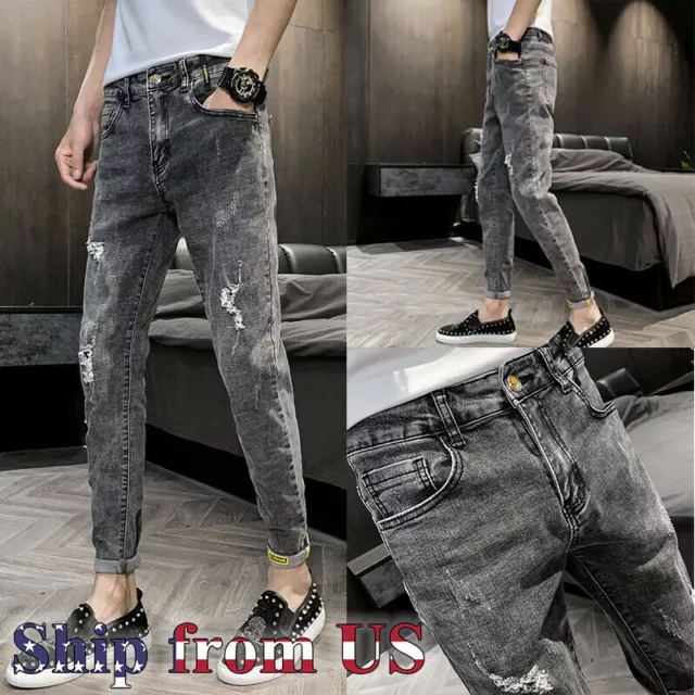 Man's Casual Denim Ripped Straight Slim Fit Cargo Jeans Joggers Elastic Trousers