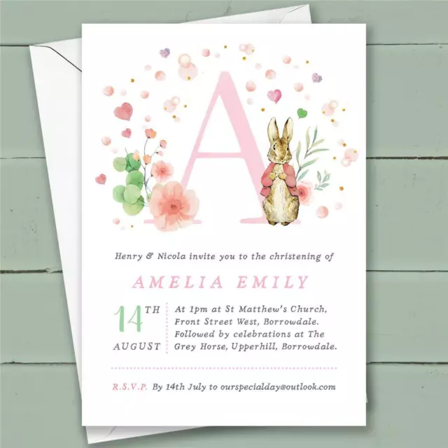 10 Personalised Peter Rabbit Christening Naming Day Invitations Girl Pink