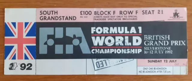 F1 British Grand Prix Silverstone 1992 Ticket Stubs  Nigel Mansell