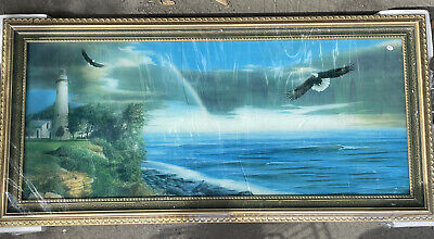 Vintage Motion Light Up Framed Waterfall Picture Art Water Bird Sounds 39"x19”