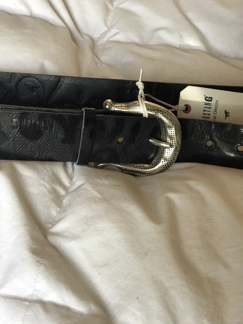 Cintura Uomo Mustang In Pelle Liscia 100% – Larga 35 Mm, Fibbia Quadrata In Argento, Nero (Taglia 105 Cm)