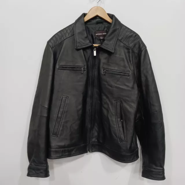 Michael Kors Men's Bomber Style Black Leather Jacket Size XL