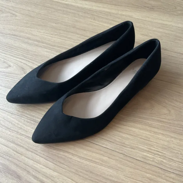 Ladies Size 10 EEE Black Evans Low Wedge Heel Pointed Toe Court Shoes Faux Suede