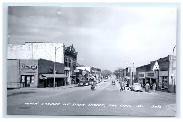 Postcard Main Street at Sixth Street, Sac City, Iowa IA Coca Cola 1950+ RPPC H17