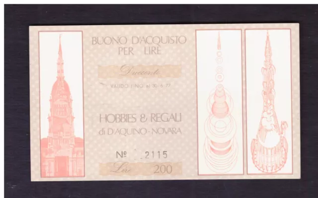 Buono d'Acquisto Hobbies & Regali di D'Aquino Novara 200 Lire 30-6-1977