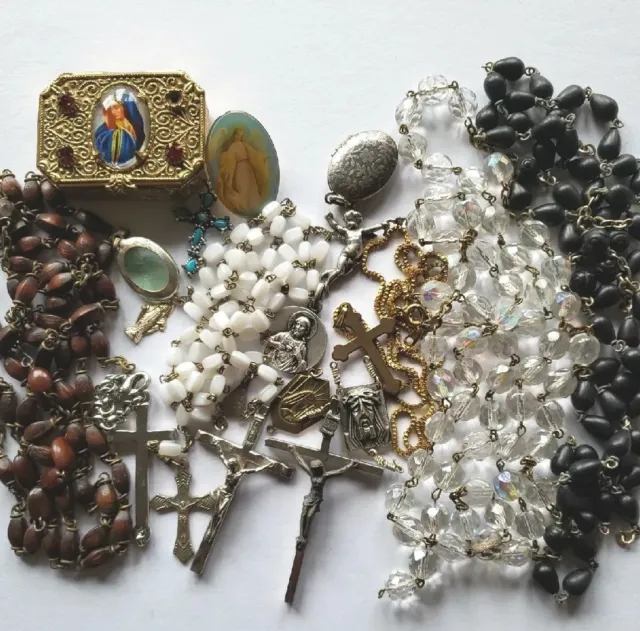 Vtg Rosary Glass Wood Beads Repair Lot Crucifix