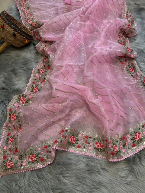 Pink Organza Sari Sequins And Thread Embroidery Work Saree Indian Dress Lehenga