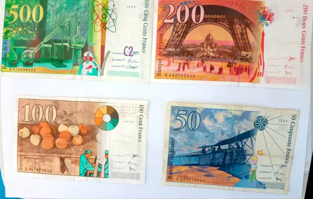 4-BILLETS--500-Curie-1994--200-Eiffel-1996--100-Cezanne-1998--50-Exupery-1997-fr