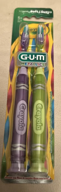 2x GUM Crayola Metallics Kids SOFT Toothbrushes Suction Cup Base