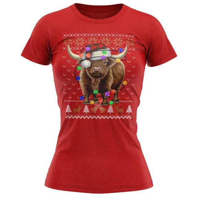 Highland Cow Christmas Fairisle Womens T Shirt shirt Dog Owner Her Farming Fa...