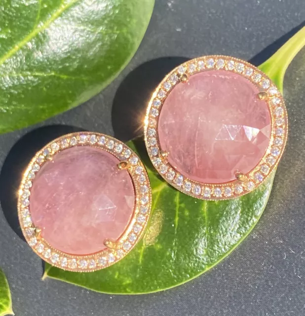 18K Rose Gold Diamond Halo Pink Opal LONDON Jewelers Signed Clip-On Earrings