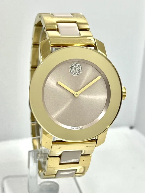 Movado Women's BOLD Steel Gold Ceramic Pink Crystal Dot 36mm Watch 3600640