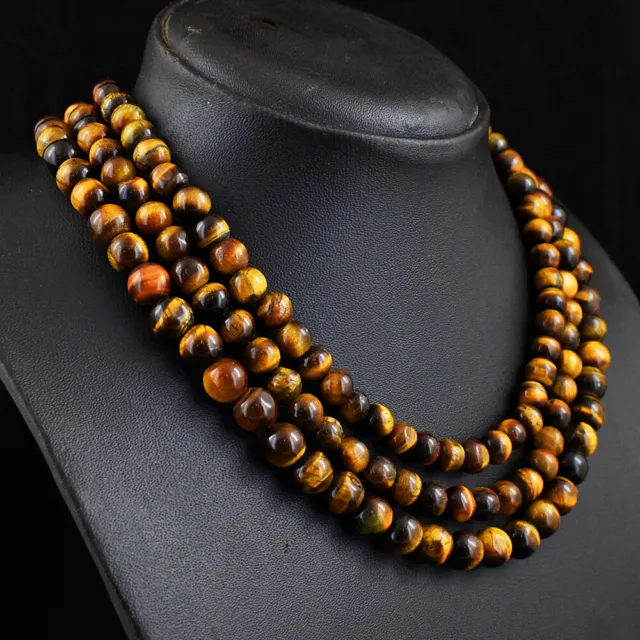 686 Cts Natural 3 Strand Tiger Eye Round Shape Beads Womens Necklace JK 54E380