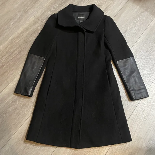 Club Monaco Italian Wool Coat Sz XS Black Lamb Leather Trim