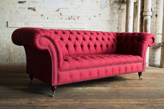 Handmade 3 Seater Red Herringbone Wool Fabric Chesterfield Sofa Style Couch