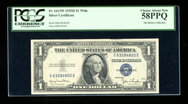 DBR 1935-D $1 Silver Fr. 1613W Wide SE Block PCGS 58 PPQ Serial S63284800E