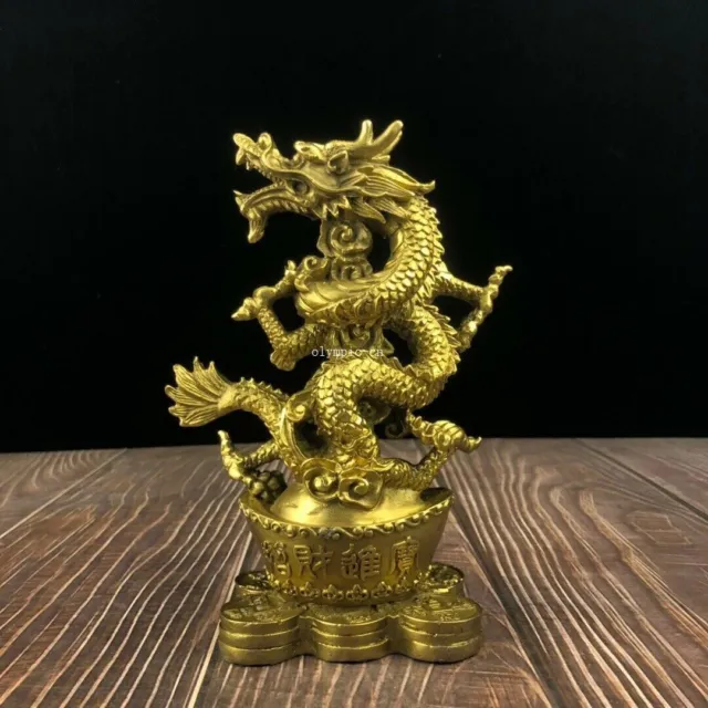 8 inch brass copper carved auspicious animal treasure wealth Yuan Bao dragon