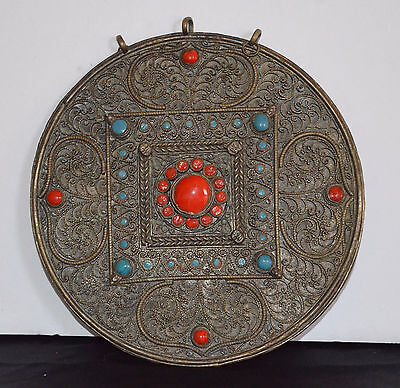 Large Old Filigree Tribal Silver Turquoise & Coral Tibetan  Body Decoration