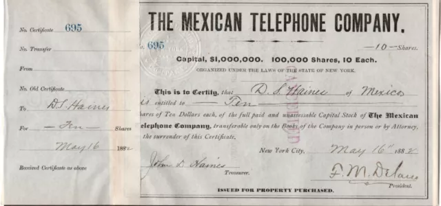 The Mexican Telephone Co - Original Stock Certificate - 1882 - #695