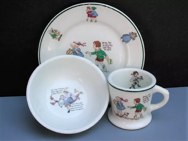 Vintage Warwick China 1937 & 1938 Childs Nursery Rhyme 3 pc Set Plate Bowl Cup