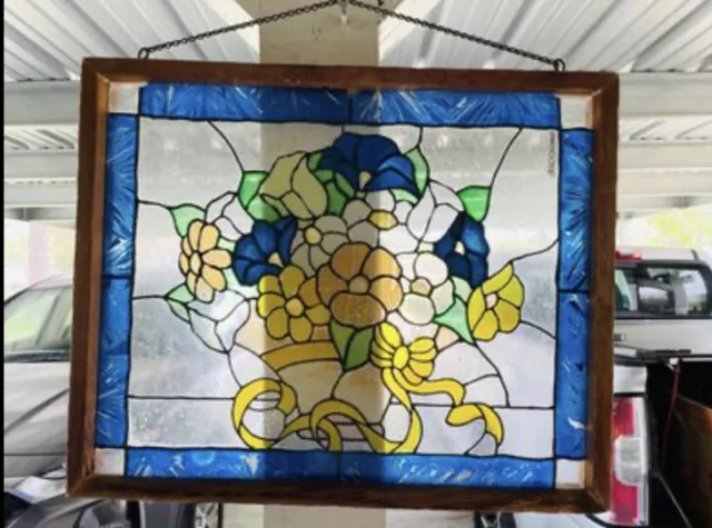 Vintage Stained Glass Window Hanging 20”x18”