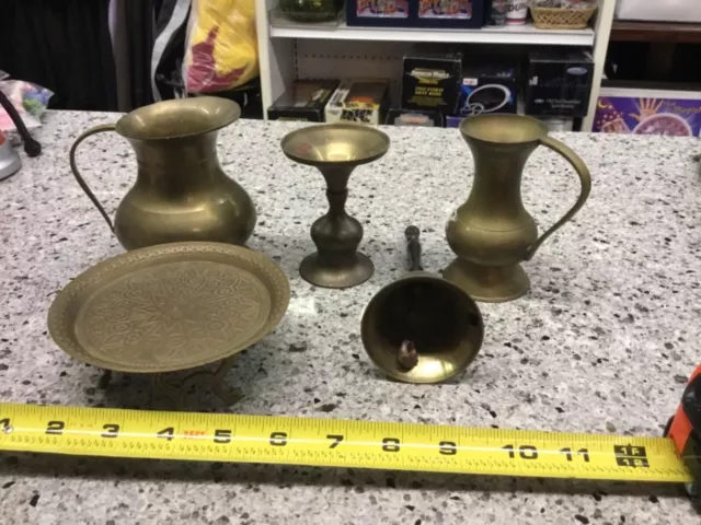 Vintage Brass LOT OF 5 Vases Dish Urns plate candle bell Decor Art. 4”+ India 3