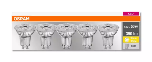 Osram 5er Pack LED BASE PAR16 4,3W = 50W GU10 Strahler 350lm 36° 2700K Lampe