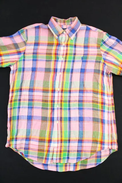 Ralph Lauren Men’s Large Multi Plaid 100% Linen Short Sleeve Button Down Shirt