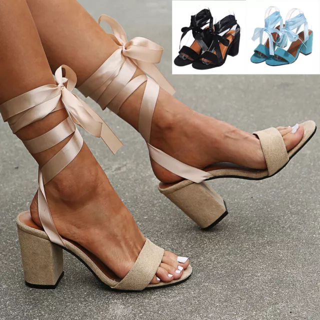 Women Block Mid Heel Shoes Party Fashion Ankle Tie Wrap Lace Up Strappy Sandal