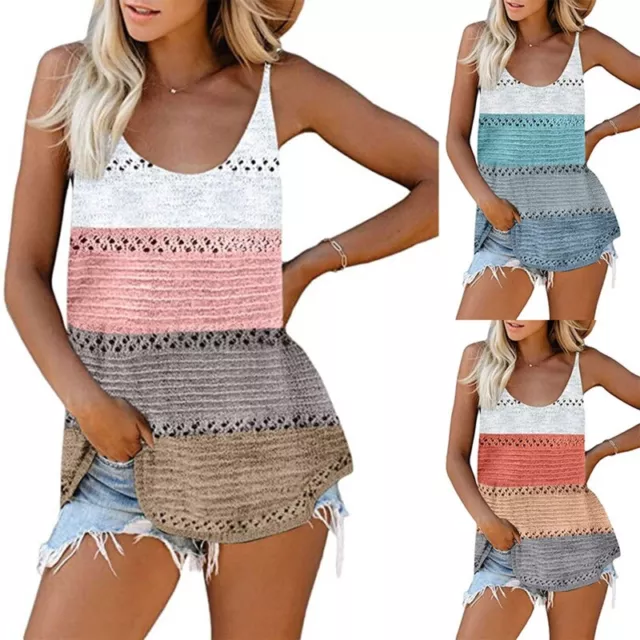 Women Sleeveless Strappy for Top Neck Hollow Knit Striped Cami Vest S