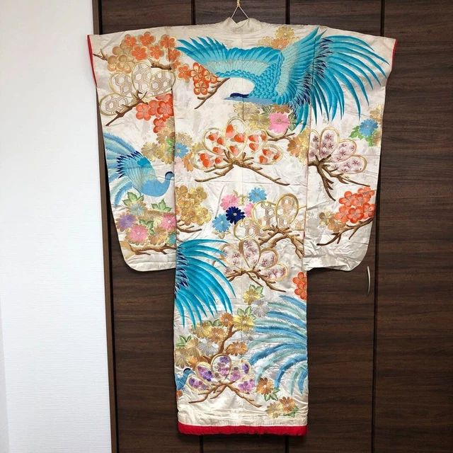 Japanese Silk Kimono Robe Uchikake Wedding Embroidery White Blue Antique U25