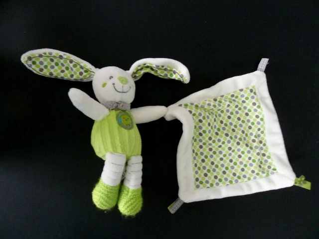 *. Doudou Peluche Nicotoy Lapin Blanc Vert Gris Pois Mouchoir Exc. Etat 2