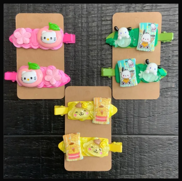 3 Pair Of Girls Decoden Barrettes for $7.00 - Three Pairs - Pink / Yellow /Green