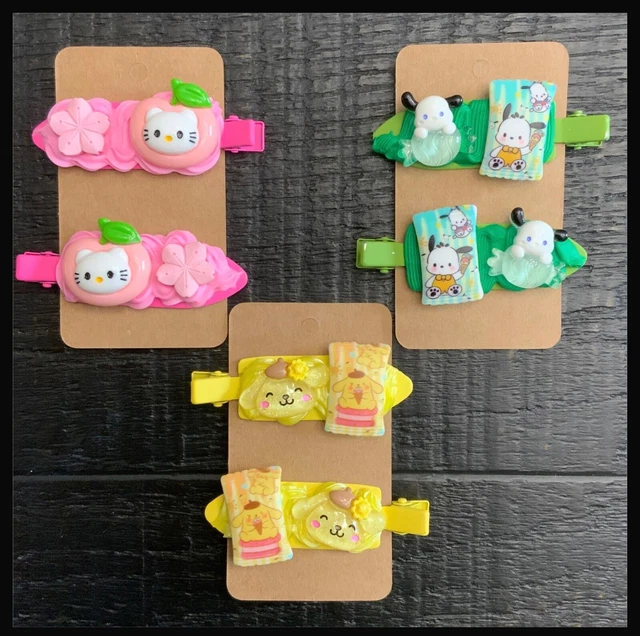 3 Pair Of Girls Decoden Barrettes for $7.00 - Three Pairs - Pink / Yellow /Green