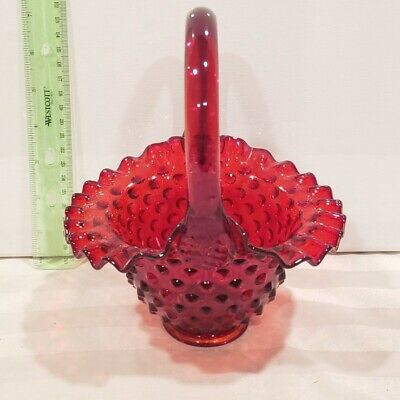 Vintage Fenton Ruby Red Hobnail Glass Basket With Ruffled Crimped Edges