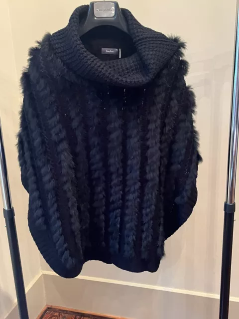 Neiman Marcus Cowl-Neck Fur-Stripe Pullover Poncho Sweater, Black - Large/XL
