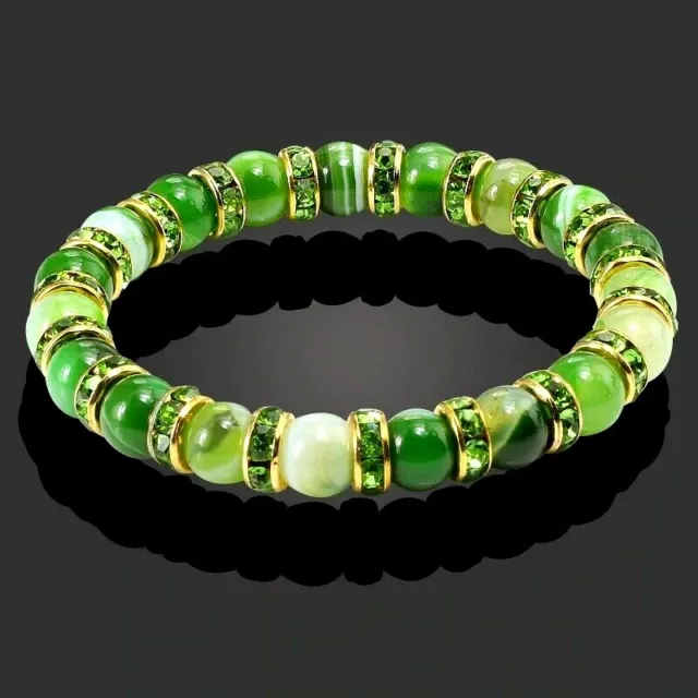 Gorgeous Bracelet Cubic Zirconia Natural Jade Jadeite Stone Yoga Beads UK Seller