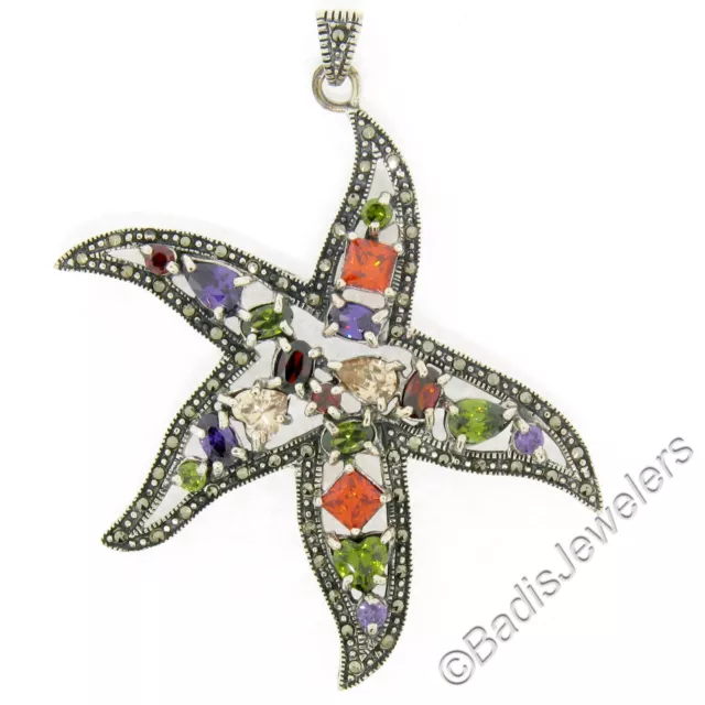 Sterling Silver Multi Gemstone & Marcasite LARGE Starfish Pendant w/ Chain