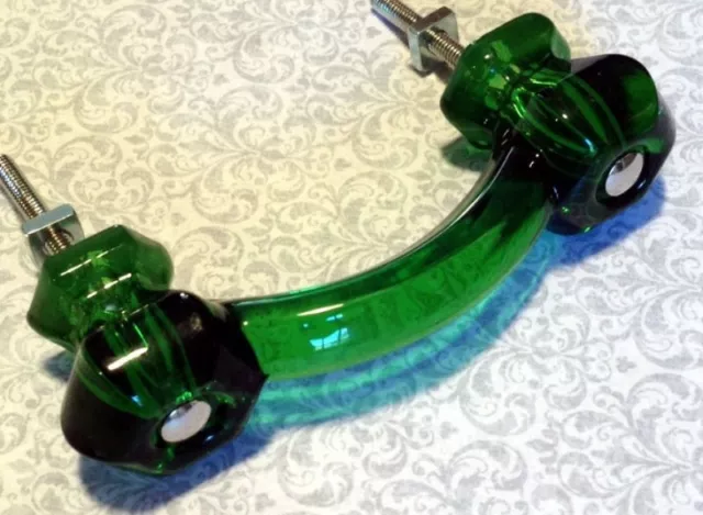 3 Emerald Green Glass Depression Cabinet Pulls Drawer Handles Vintage Style