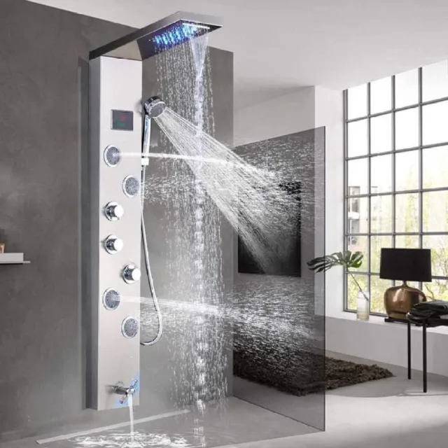 Wall Mount Stainless Steel LED Shower Panel Tower System Rainfall Waterfall Head