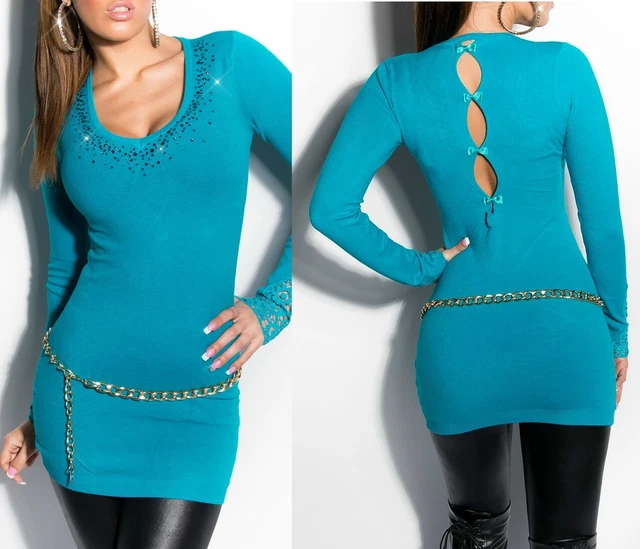 Sexy Miss Donna V Pullover Lungo Pullover Strass Maglia Fine Mini Abito