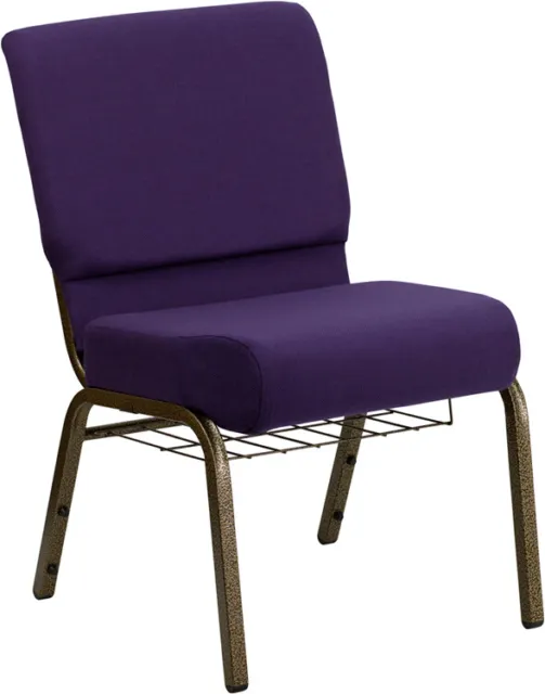 10 PACK 21'' Wide Royal Purple Fabric Church Chair w/Book Rack & Gold Vein Frame