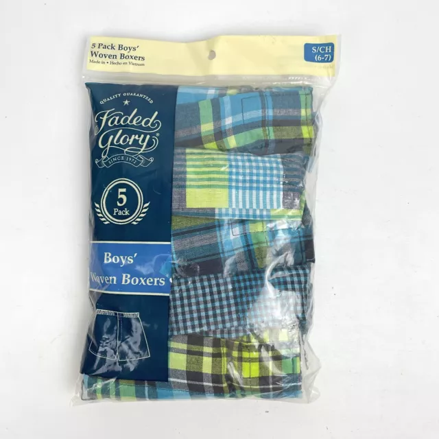 New Faded Glory Boys Size S (6-7) Plaid Woven Boxers Package of 5