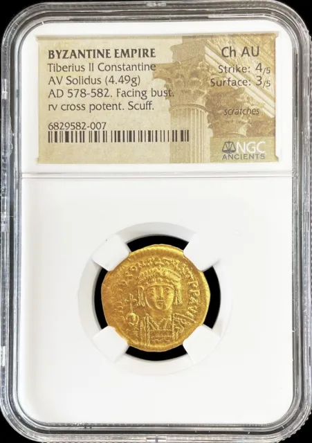 578- 582 Ad Gold Byzantine Empire Tiberius Ii Constantine Solidus Ngc Choice Au