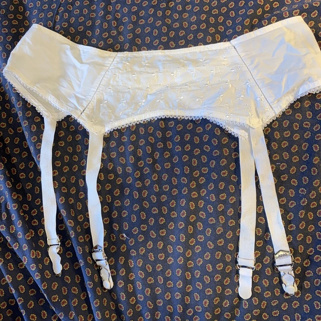 Vintage NOS Garter Belt suspenders Metal Clips White floral embroidered Sz 32