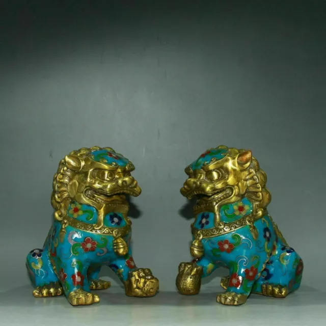 5.2" Old Chinese Cloisonne Enamel Feng Shui Foo Fu Dog Guardion Lion Pair Statue